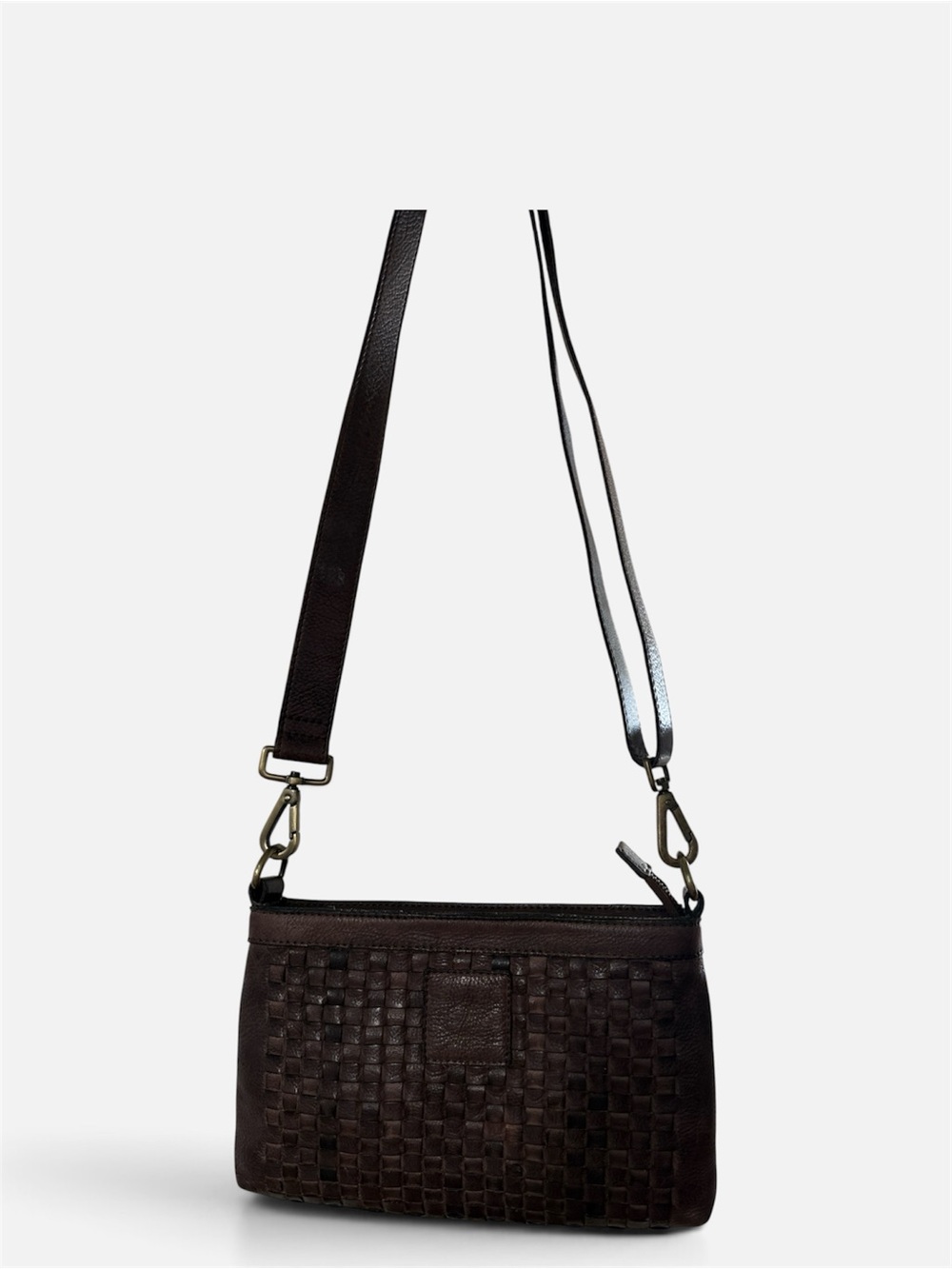 Kiko Woven Washed Genuine Leather Crossbody Bag - Dark Brown
